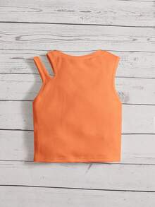 SHEIN Young Girl Plain Round Neck Hollow Back Camisole, Casual Homewear & Back To School - Burnt Orange - View 2