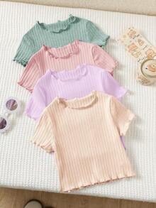 SHEIN Baby Girl Summer Cute Knit Ribbed Solid Color Wavy Edge Short Sleeve Top 4pcs Set - Multicolor - View 5