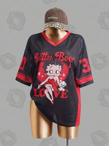 Betty Boop x SHEIN Áo thun nữ cổ chữ V tay ngắn dáng rộng thoải mái - màu đen - Xem 1