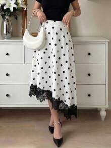 Modelyn 女士优雅波点蕾丝高腰飘逸A字中长裙，优雅休闲，适合办公室、复古休闲和日常穿着。 - 白色 - 查看 1