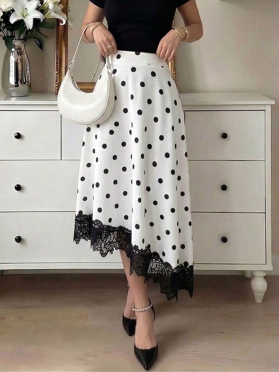 Modelyn 女士优雅波点蕾丝高腰飘逸A字中长裙，优雅休闲，适合办公室、复古休闲和日常穿着。 - 白色 - 查看 1