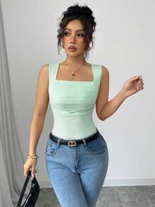 Selianne Women's Elegant Solid Color Square Neck Pleated Casual Tank Top - Mint Green - View 4