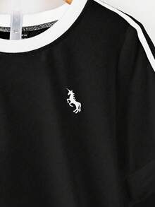 Everyssa Conjunto de 2 piezas de mujer con camiseta de cuello redondo con estampado bordado y ribete de contraste, y pantalones anchos de cintura elástica con bordado, de estilo casual - Multicolor - Ver 4