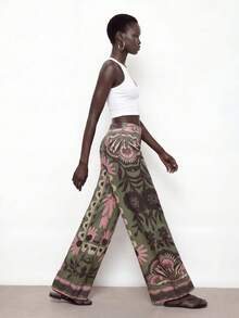 Maija Women's Green Summer Pants With Front Button Zipper, Back Elastic Waist, Slant Pockets, Western Style Vacation Wear, Floral Print Interesting Pattern, Loose Fashionable Casual Daily Comfortable Pants Women Easter Summer Easter Beach Summer Holiday Beach Vacation Summer Outfit For Women Going Out Outfits Graduation - Army Green - View 5