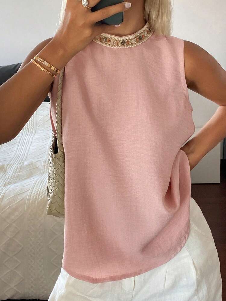 Patchwork Lace Trim Loose Round Neck Sleeveless Casual Summer Tank Top For Women