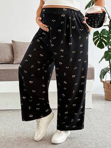 Plussiva Calça casual de uso diário com estampa total, plissada, Plus Size para gestantes - Preto - Visão 9