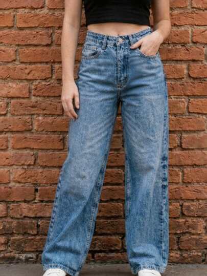 Jeans Para Mujer Wide Leg Tiro Medio Mezclilla Rigida 5 bolsas Petite