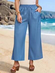 EMERY ROSE Plus Size Women's Brown Cropped Pants With Pockets,Smart Casual Autumn Holiday,Boho Faux Denim Style,Country Concert Beach Vacation Gym - Blue - View 6