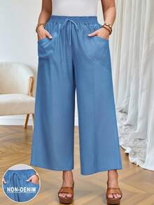 EMERY ROSE Plus Size Women's Brown Cropped Pants With Pockets,Smart Casual Autumn Holiday,Boho Faux Denim Style,Country Concert Beach Vacation Gym - Blue - View 4