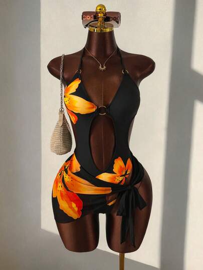Zestiva Conjunto de traje de baño de una pieza con estampado floral elegante y espalda descubierta con decoración de anillo de metal, combinado con falda de malla con estampado digital, conjunto de ropa de playa/resort de moda para primavera/verano/otoño, conjunto de 2 piezas de verano para mujeres, atuendos caribeños para mujeres