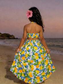 SHEIN Đầm hở lưng cổ yếm in hình chanh cho bé gái tuổi teen, thích hợp đi biển/nghỉ mát. - Màu vàng - Xem 1