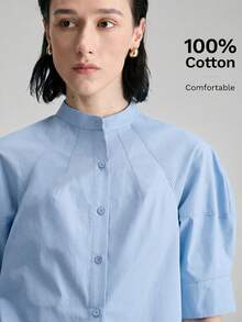 Ontre 2026春夏新款女士衬衫，梭织面料，花瓣袖，纽扣前襟，宽松版型，适合独立日、优雅办公装、教师装、休闲外出、下午茶、都市时尚、百搭通勤衬衫 - 藍色 - 查看 4