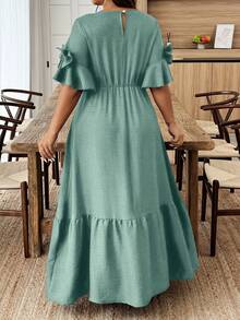 EMERY ROSE Plus Size Women's Solid Color Round Neck Ruffle Hem Bow Decor Short Sleeve Elegant Dress - Mint Green - View 2