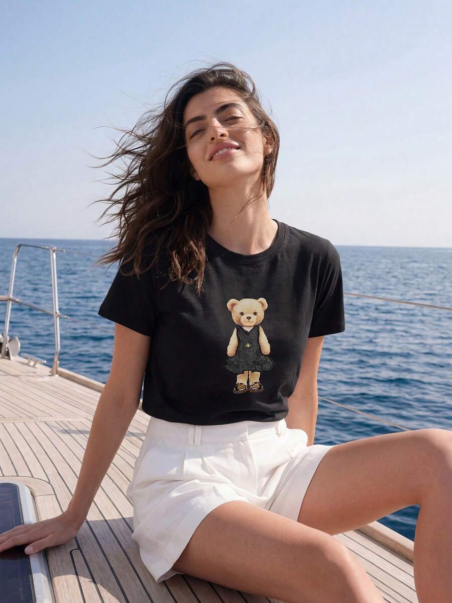 Briarwyn Áo thun ngắn tay nữ cotton mùa hè, kiểu dáng thường ngày, in hình gấu và thêu, trang phục mùa hè, trang phục đi nghỉ mát cho nữ, phong cách cổ điển, áo thun đen, áo thun in hình dễ thương cho nữ, áo thun nữ, áo thun in hình gấu, áo thun hoạt hình cho nữ, áo thun nữ dễ thương. - màu đen - Xem 1