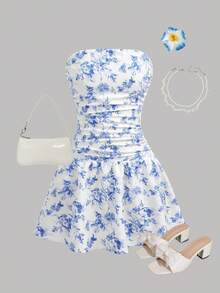 Girlism Kids Teen Girl Blue & White Floral Print Tube Top Pleated A-Line Mini Dress,Elegant Summer Holiday,Matching Bachelorette Party,Family Vacation Outfit - Blue and White - View 4