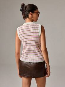 SHEIN Ribbed Pink And White Knit Sleeveless Top Clean Girl Aesthetic Vintage Casual-Inspired Body-Skimming Fit Lightweight Autumn Knit Essential Y2K Brunch - Multicolor - View 2