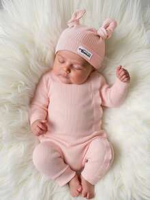 SHEIN Bộ 2 trang phục chụp ảnh cho bé gái sơ sinh gồm áo liền quần nhún bèo màu hồng kèm mũ thắt nút, đạo cụ chụp ảnh trẻ sơ sinh - Hồng - Xem 3