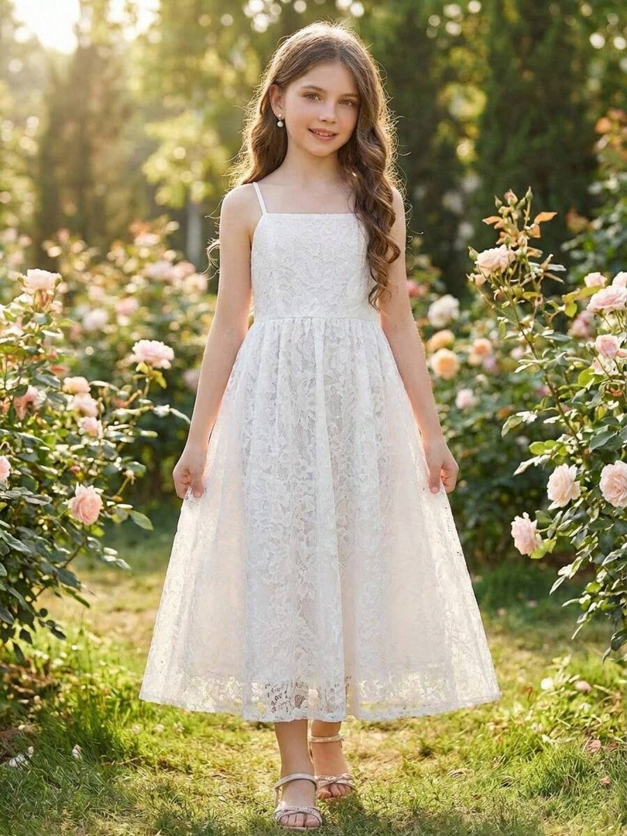 Pitira Vestido midi de encaje blanco para niñas preadolescentes, elegante para vacaciones, fiestas, bodas, regreso a la escuela, graduación - Blanco - Ver 1