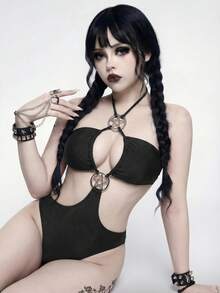 ROMWE Goth 女士黑色纯色露背吊带镂空大五角星金属装饰连体泳衣，哥特风格，2026春夏款 - 黑色 - 查看 8