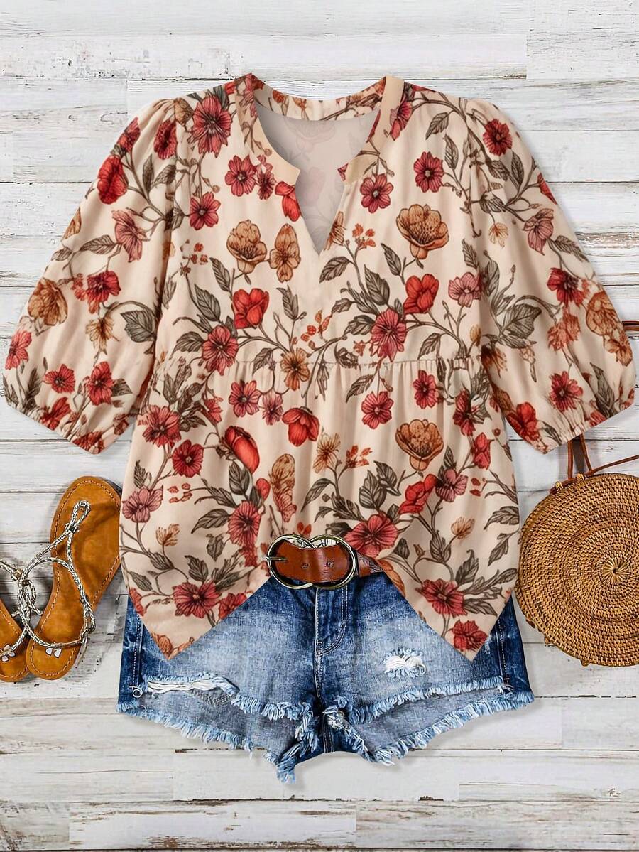 Linhara 大码女式V领印花衬衫，夏季女装 - 杏色 - 查看 1