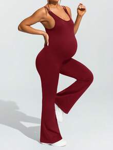 SHEIN Maternity Solid Color Sports Camisole Jumpsuit,Word Cup - Burgundy - View 6