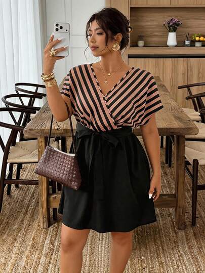 SHEIN Frenchy Plus Size Summer Casual Striped Patchwork Dress Stripe Dress V Neck Dresses Women Dresses For Women Women Vacation Dress Casual Dress Women Vacation Outfit Women's Summer Outfits Casual Outfit For Women