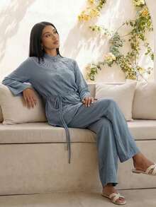 Women's Stand Collar Long Sleeve Top And Wide Leg Pants Casual 2 Pieces Set - Blue - View 9
