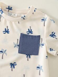 SHEIN Bộ đồ mùa hè thường ngày cho bé trai, gồm áo thun và quần short in hình cây dừa, có túi. - Nhiều màu - Xem 4