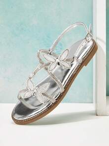 Mini mi Girl's Fashion Comfy Butterfly Decor Back Strap Flat Sandals - Silver - View 5