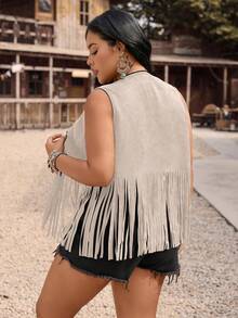 SHEIN Tall CURVE Áo khoác dáng rộng không tay, nhẹ, kiểu cao bồi miền Tây, có tua rua và đinh tán, phù hợp cho mùa xuân, hè và thu. - Màu Khaki - Xem 2