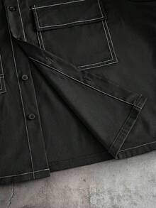 AXEPEAK Set casual estivo da uomo, composto da camicia larga con cuciture a contrasto e tasche toppe, e pantaloncini con vita con coulisse - nero - Visualizzare 6