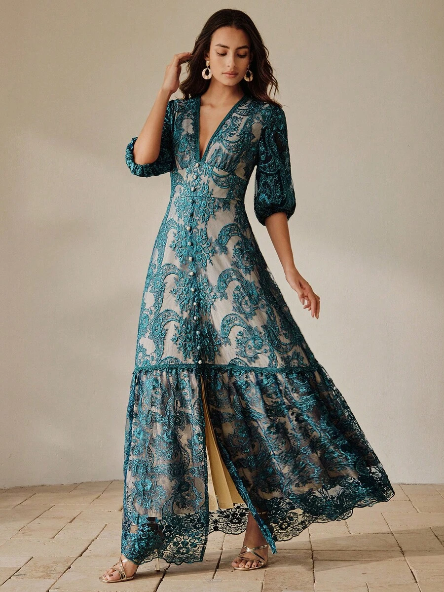 Anewsta Vestido bordado con mangas farol y escote en V profundo, vestido elegante y grácil para vacaciones para mujeres - Azul - Ver 1