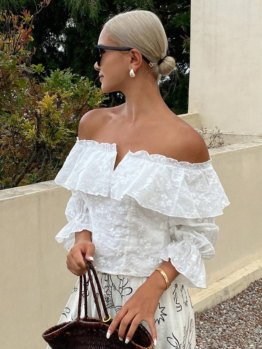 DAZY Áo kiểu ren trắng trễ vai thanh lịch, thoải mái cho nữ, mùa xuân và hè. - trắng - Xem 1