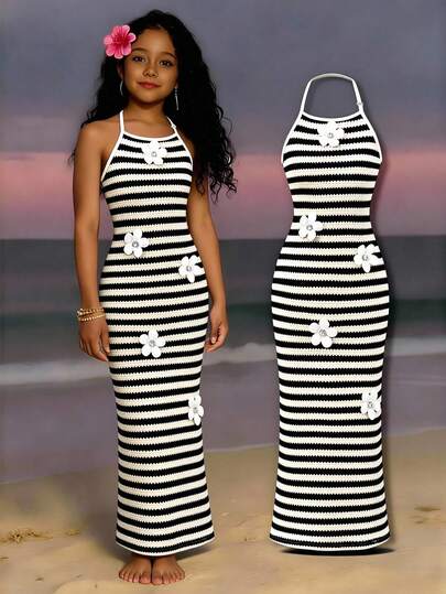 Sparklyn 这款柔软舒适的无袖修身长裙专为少女设计，采用黑白条纹钩编面料，饰以3D立体花朵，吊带设计，适合生日派对、舞台表演、度假写真等场合，春、夏、秋季均可穿着。
