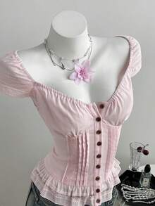 Elamini Women's Solid Color Pleated Casual Versatile Daily Wear Shirt - Pink - View 4