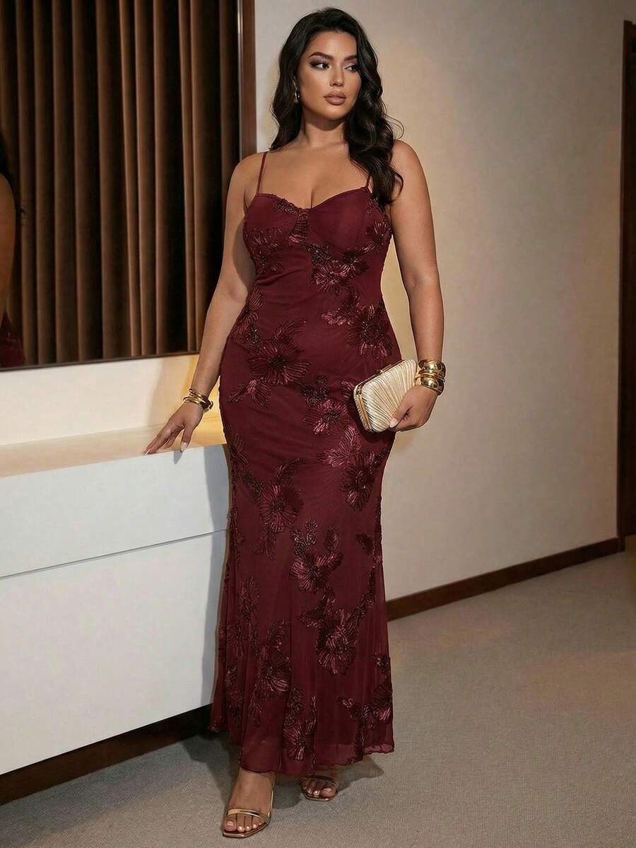 SHEIN BAE Plus Size Women Vintage Elegant Sexy Embroidered Mesh Dress, Autumn/Winter - Burgundy - View 1