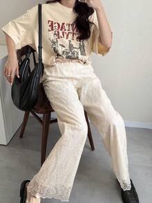 FRIFUL Quần nữ ống đứng dáng rộng, chất liệu ren xuyên thấu, màu be trơn, kiểu dáng thường ngày. - Màu be - Xem 2