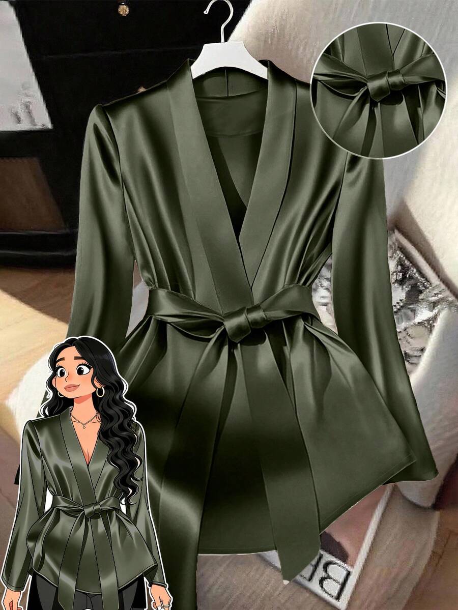 GlowEve CURVE Kemeja Elegan Lengan Panjang Warna Polos Ukuran Besar untuk Wanita - Hijau Tentara - View 1