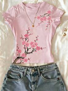 Glimmora Plum Blossom Digital Print Slim Fit T-Shirt - Pink - View 3