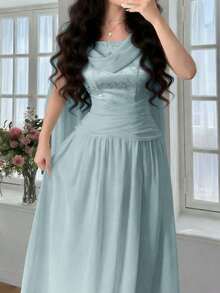 Feyla 新款女士垂褶领提花无袖系腰后拉链连衣裙，优雅年轻女士修身A字廓形，适合约会、派对和日常穿着。 - 淺藍色 - 查看 8