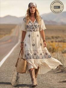 LanaWest Women's Summer Boho Holiday Vacation Black And Cream V-Neck Digital Placement Print Cuff Splice Tassel Floral Layered Ruffle Hem Western Casual Dress - Apricot - View 4