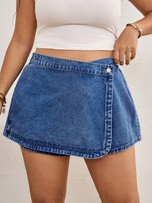 SHEIN CURVE+ 大码女式高腰不对称下摆牛仔裙裤 - 中等水洗藍 - 查看 6