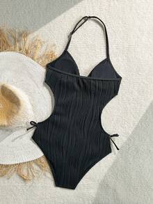 SHEIN Teenager Mädchen Urlaub Schwarzer Strick Jacquard Textur V-Ausschnitt Rückenfrei Neckholder Einteiliger Badeanzug Badeanzüge - Schwarz - Übersicht 2