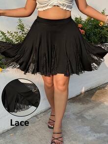 GalTyme 大码女式纯色撞色蕾丝高腰时尚半身裙 - 黑色 - 查看 1