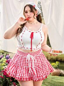 Sweetness Plus Size Cute Floral Ruffled Gingham Mini Skirt - Red and White - View 2
