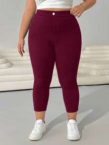 Solflare Plus Size Stretch Tight Versatile Cropped Pants Autumn Vacation Burgundy - Burgundy - View 2