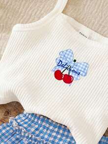 LMoss Kids Setelan Camisole dan Celana Pendek Minimalis Kasual untuk Bayi Perempuan dengan Motif Kotak-kotak Ceri yang Lucu, Cocok untuk Liburan Musim Panas - Baby Blue - View 3