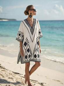 SHEIN Holidaya Đầm midi nữ mới năm 2026 với thiết kế xẻ tà in họa tiết, in kỹ thuật số, đầm đi biển thường ngày, thanh lịch, đa năng, cổ chữ V, dáng hình thoi, tay ngắn, đầm thường ngày cho nữ mùa hè, đầm tunic nữ, đầm tunic cho nữ, đầm nghỉ dưỡng cho nữ, trang phục đi nghỉ mát, trang phục nghỉ dưỡng cho nữ, trang phục phong cách nghỉ dưỡng, trang phục mùa xuân cho nữ, đầm mới về, đầm suông thường ngày cho mùa hè. - Nhiều màu - Xem 4