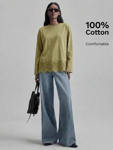 Ontre 2026SS 女款蕾丝拼接圆领T恤，军绿色，优雅简约设计，适合夏季、度假、派对、办公、休闲等场合，百搭实用 - 綠色 - 查看 2