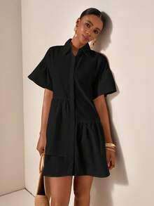 Zivah Vestido de vacaciones de manga corta con volantes en el bajo y botones delanteros de unicolor, para verano - Negro - Ver 4